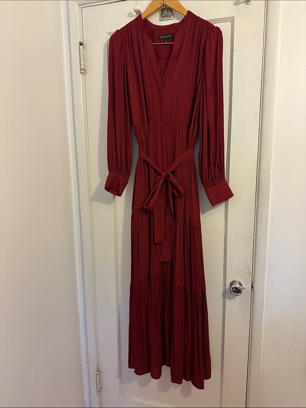 Banana Republic Deep Wine Long Sleeve Maxi Dress with Waist Tie